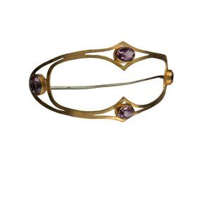 Brooch Sash Antique Victorian Brass Amethyst Glass Stone 4"
